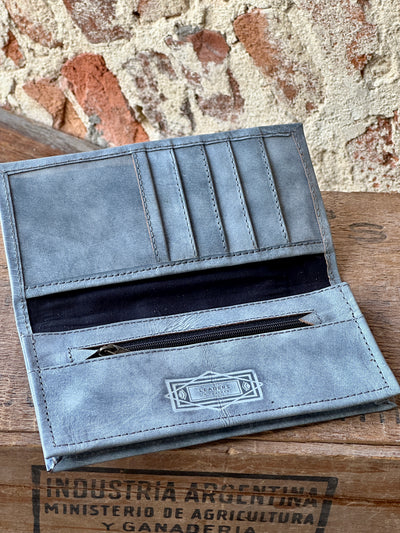 Open McCrae Tooled Slim Checkbook Cover Wallet in Whitewash – showcasing credit card slots and coin pouch.