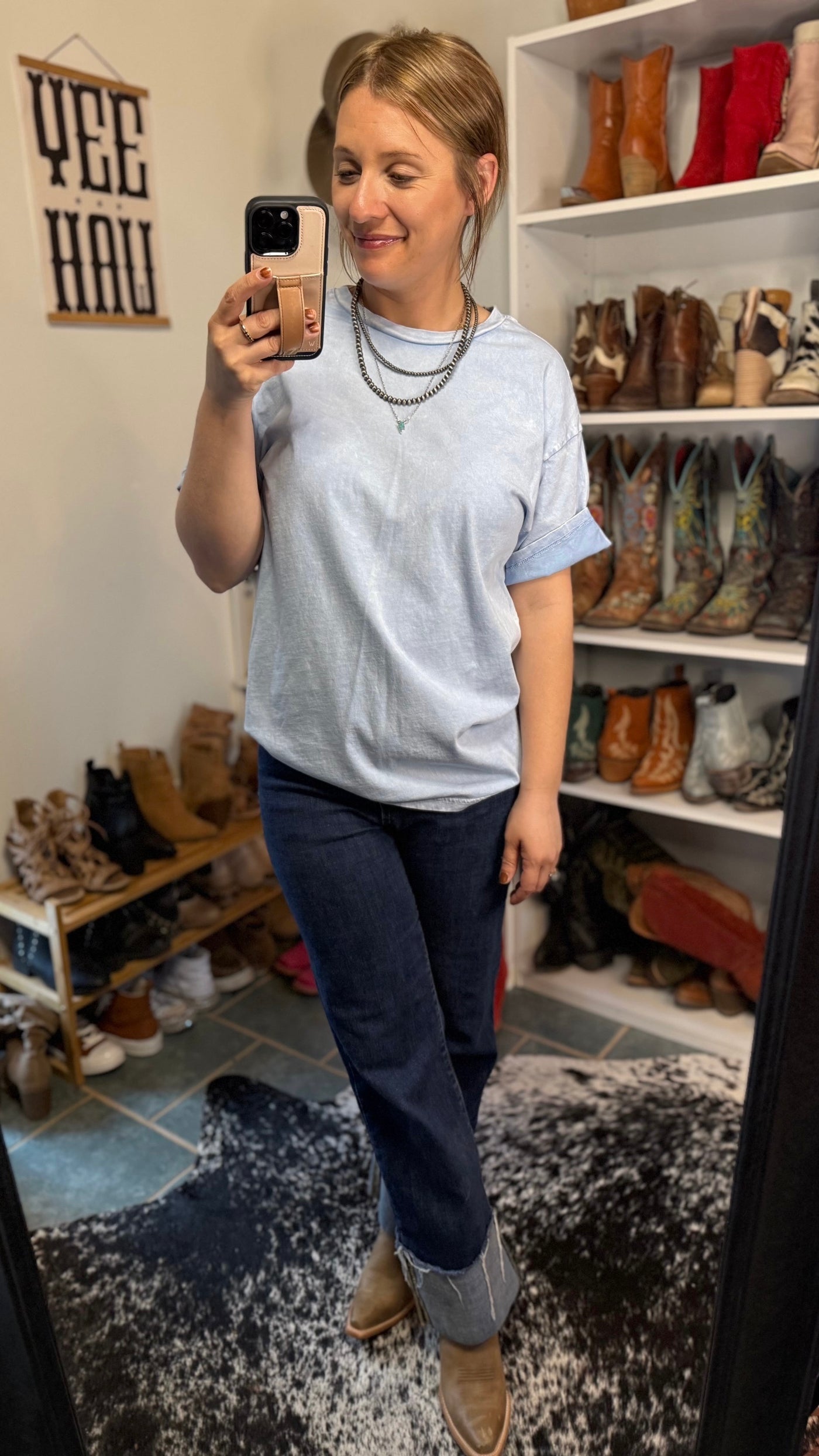 Loose fit mineral wash tee in soft blue for relaxed cowgirl outfits