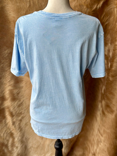 Close-up of mineral wash detail on Michelle basic light blue t-shirt.