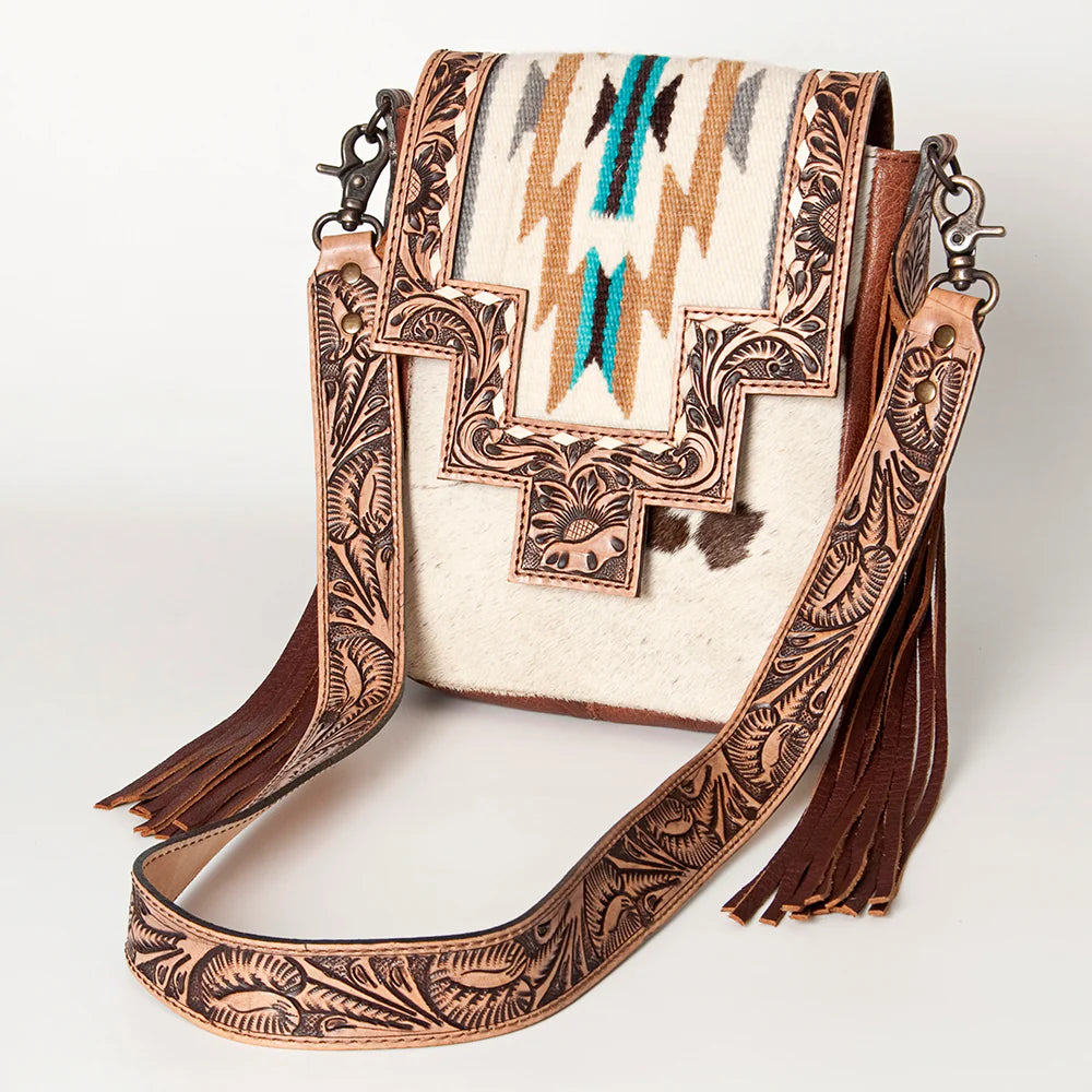 Western-Style Leather Fringe Purse with muted, neutral Southwestern Color Accents.