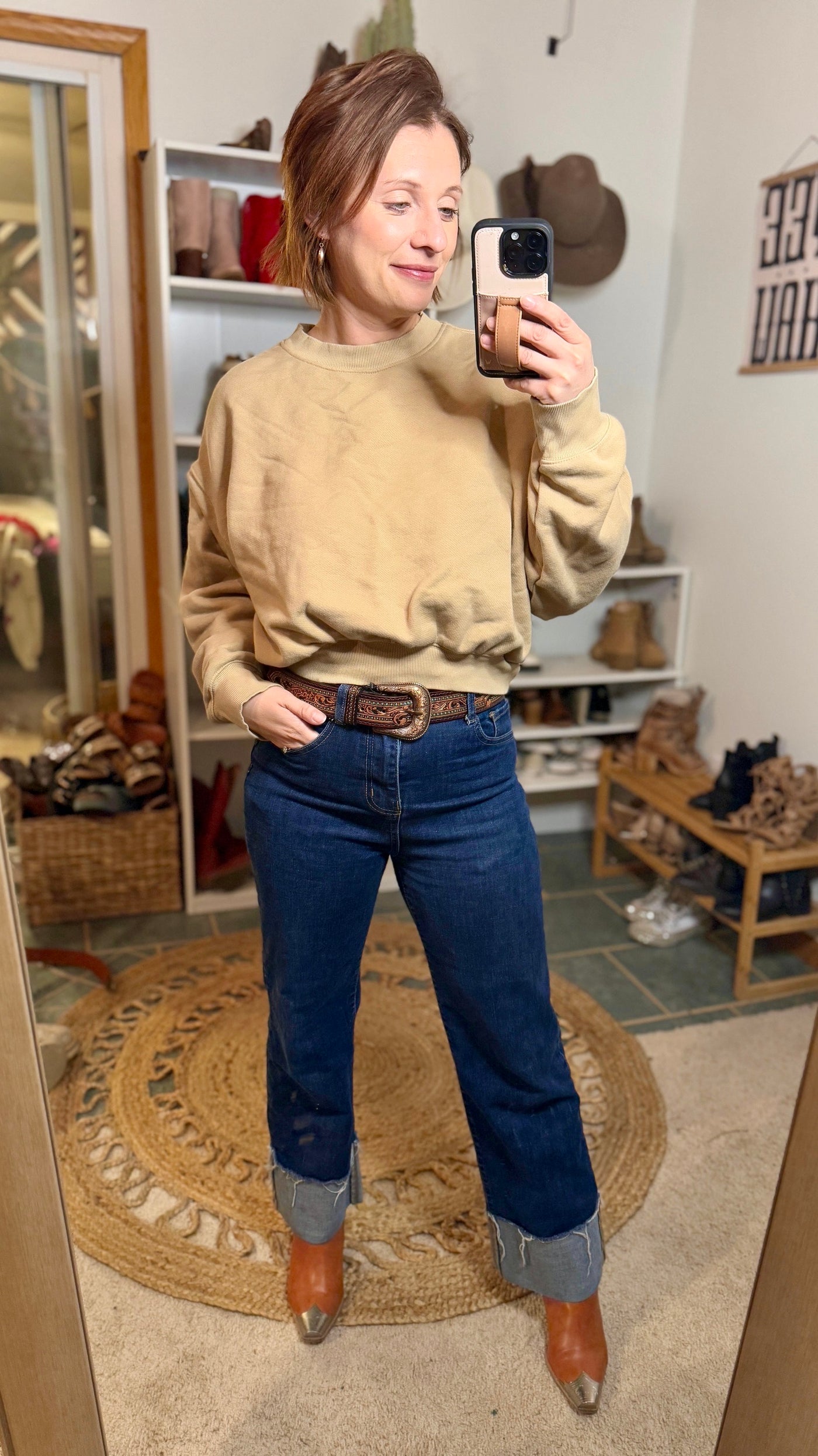 Moses Belt Styled with denim, a basic crewneck, and western cowgirl boots for a Classic Western Look.