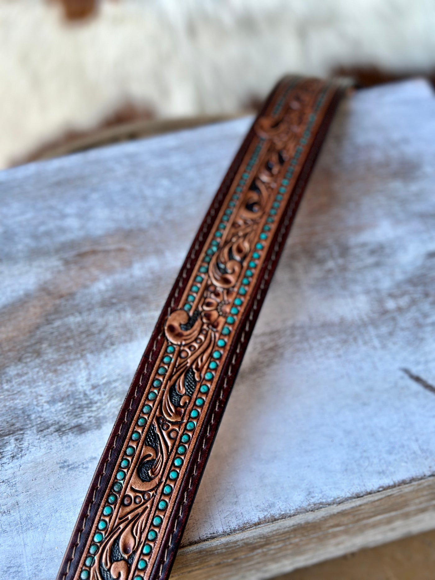 Moses Leather Belt – Side View Showing Hand-Painted Tooling - perfect for the classy cowgirl.