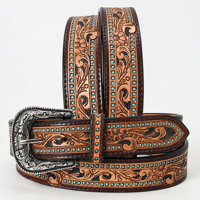 A cowgirl's handcrafted Genuine Leather Belt with Intricate Tooling available at Broker Leather.