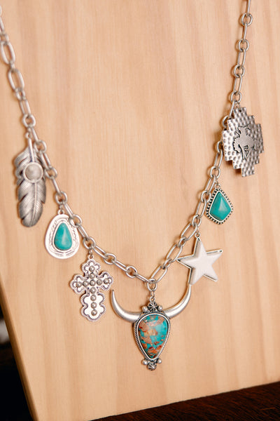 Broker Leather's Natasha Longhorn Gemstone & Charm Necklace is the trending style of the season.