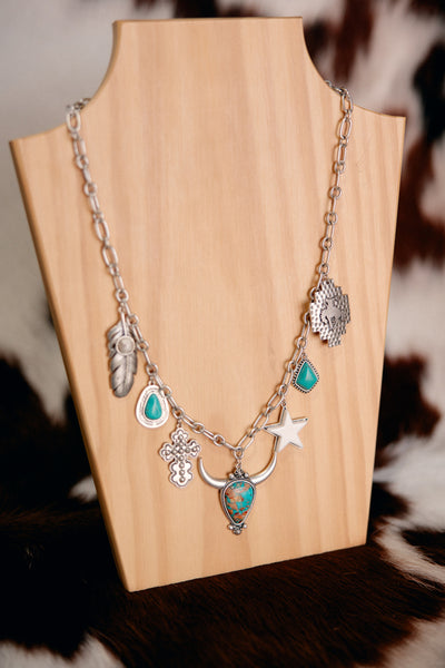 NFR Western Style Natasha Longhorn Gemstone & Charm Necklace available at Broker Leather Boutique.