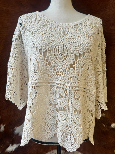 Close-up of crochet lace detailing on the Nemo Top.