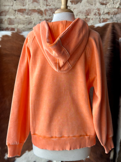 Bright orange mineral-washed quarter-zip pullover hoodie featuring a relaxed fit and soft fleece fabric.