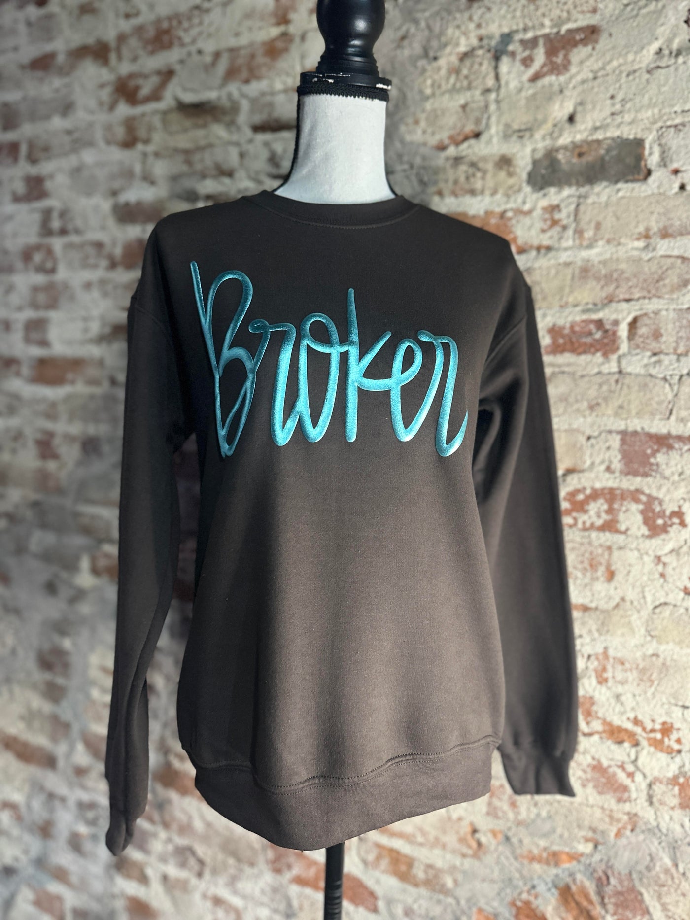 Mannequin Photo Front Side of our new Obsession Custom Broker Crewneck [Brown & Turquoise].