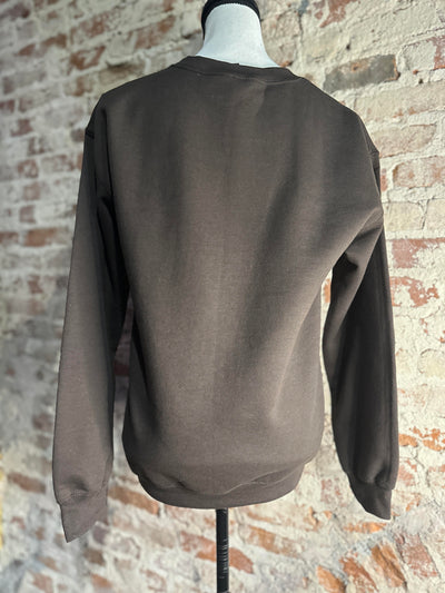 The rearview of our Obsession Custom Broker Crewneck [Brown & Turquoise] on a mannequin.