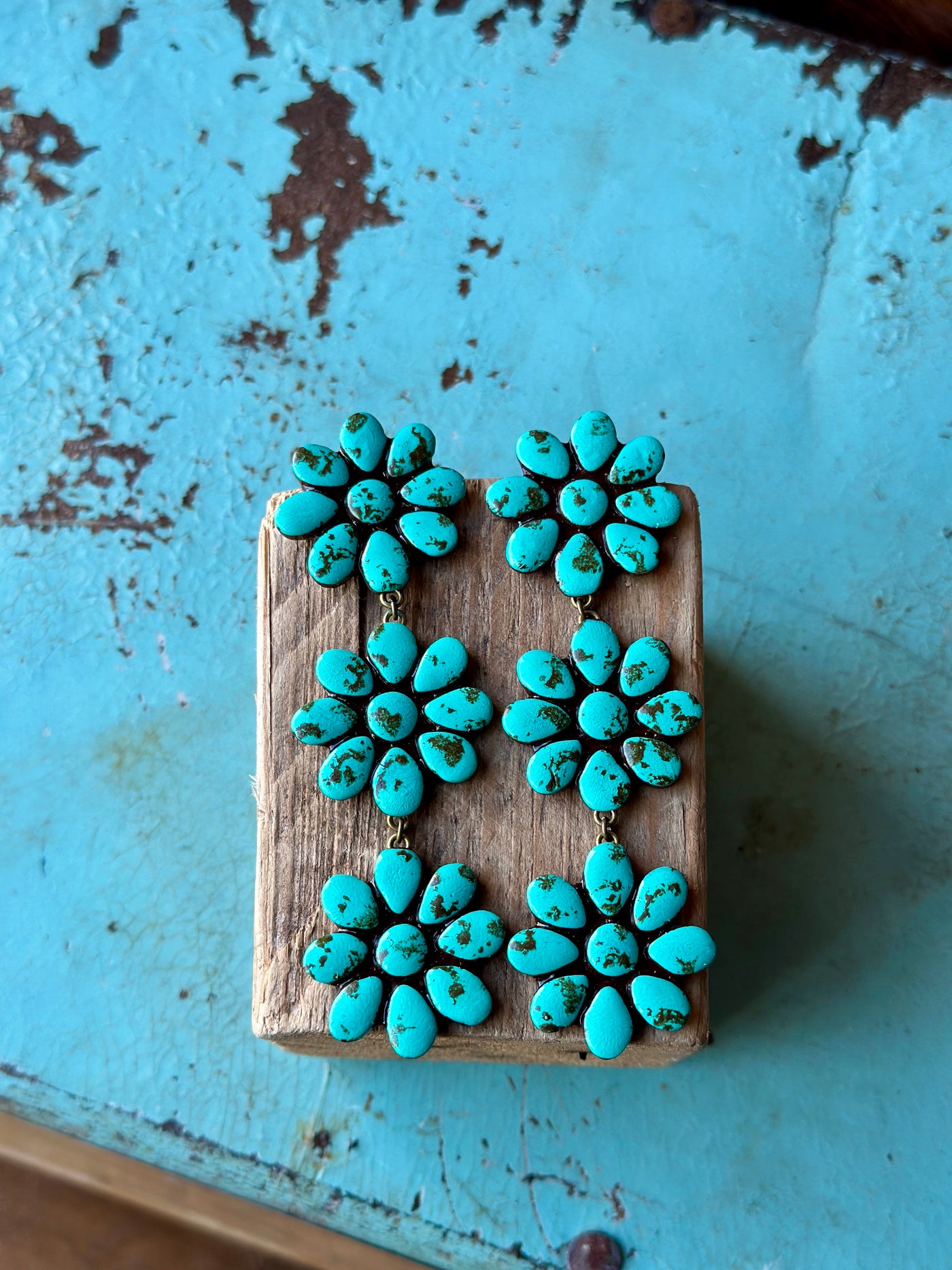 Unique turquoise-painted Ophelia Earrings with a tiered cluster design, perfect for Western or bridal looks.