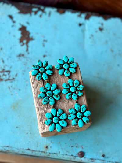 Close-up of Ophelia 3 Tier Turquoise Cluster Earrings showcasing intricate turquoise-like details.