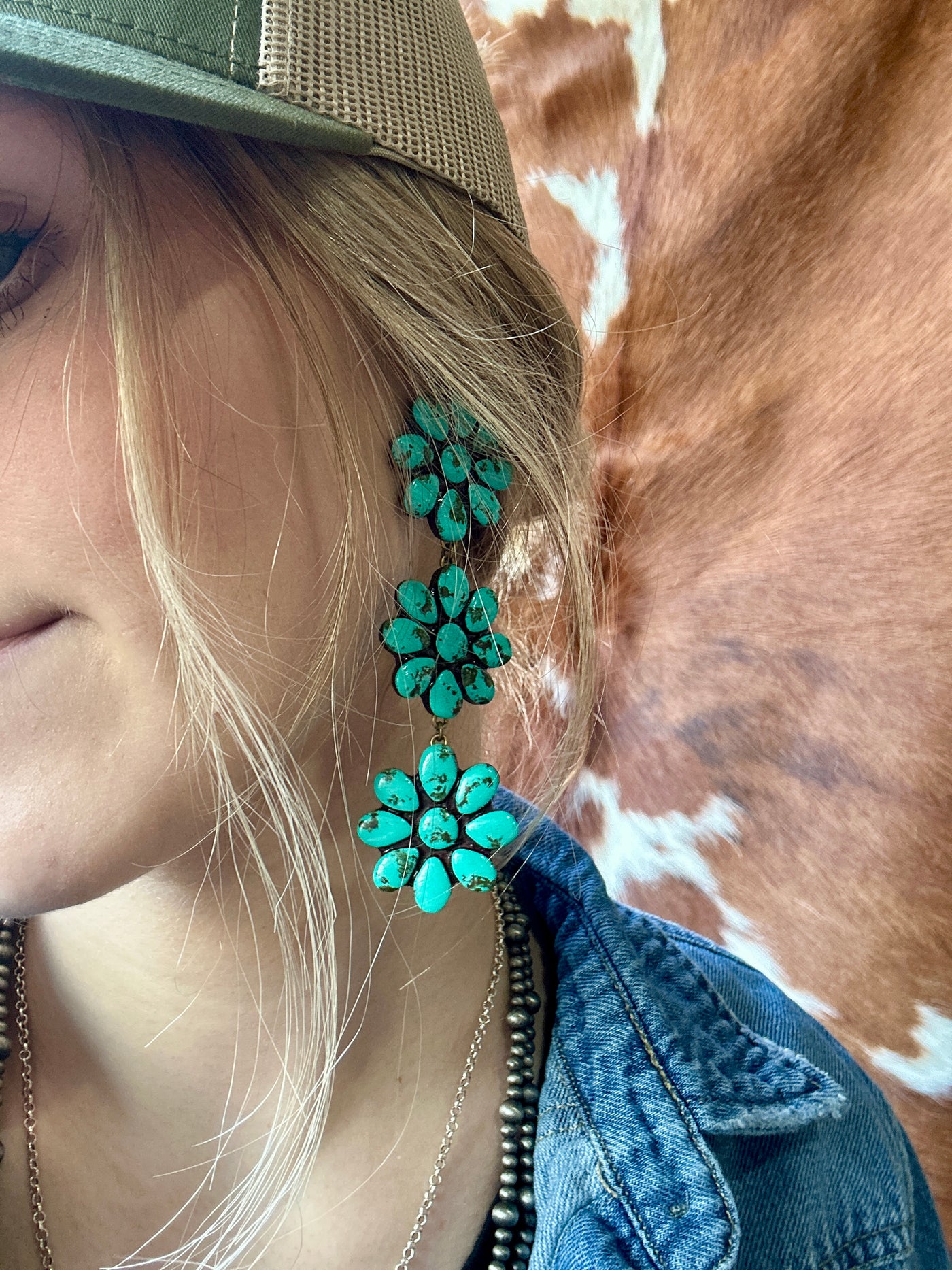 Detailed shot of the Ophelia Earrings' painted polymer clay finish, resembling authentic turquoise stones