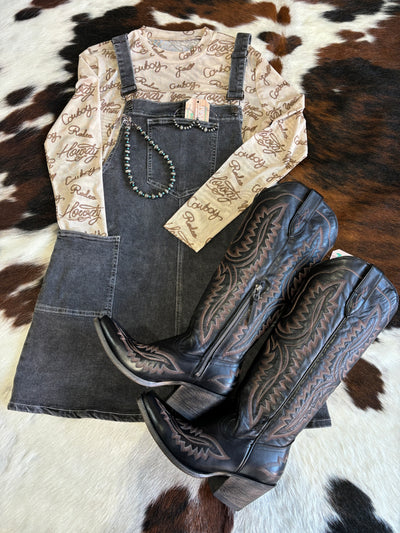 Ariat Casanova Snip Toe Boot [Black] Style 10042447 with Denim Dress and a mesh top is NFR Rodeo Fashion at it's finest.