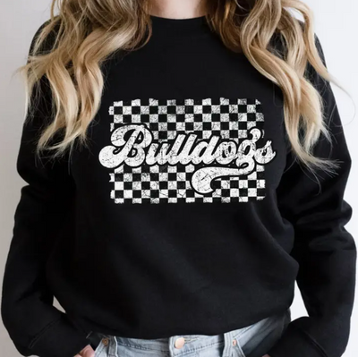 Close-up of the checkerboard pattern on the Paysen Bulldogs Crewneck, symbolizing team spirit and support.