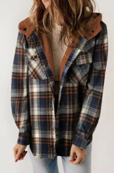 Pinter Plaid Sherpa Lined Shacket in dark blue and rusty brown, perfect for layering with loose-leg jeans.