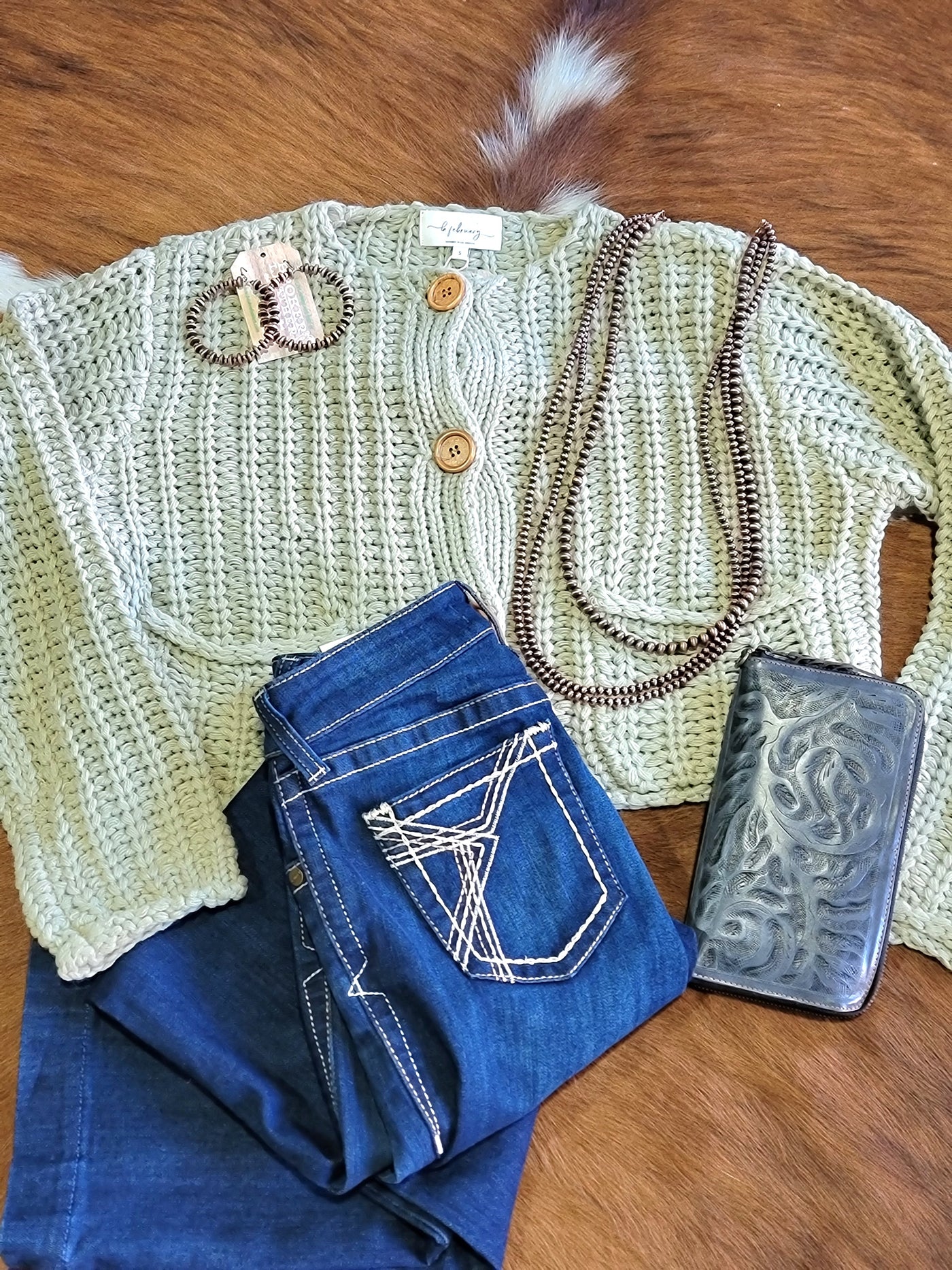 Flatlay outfit featuring our Pistachio Chunky Sweater Cardigan.