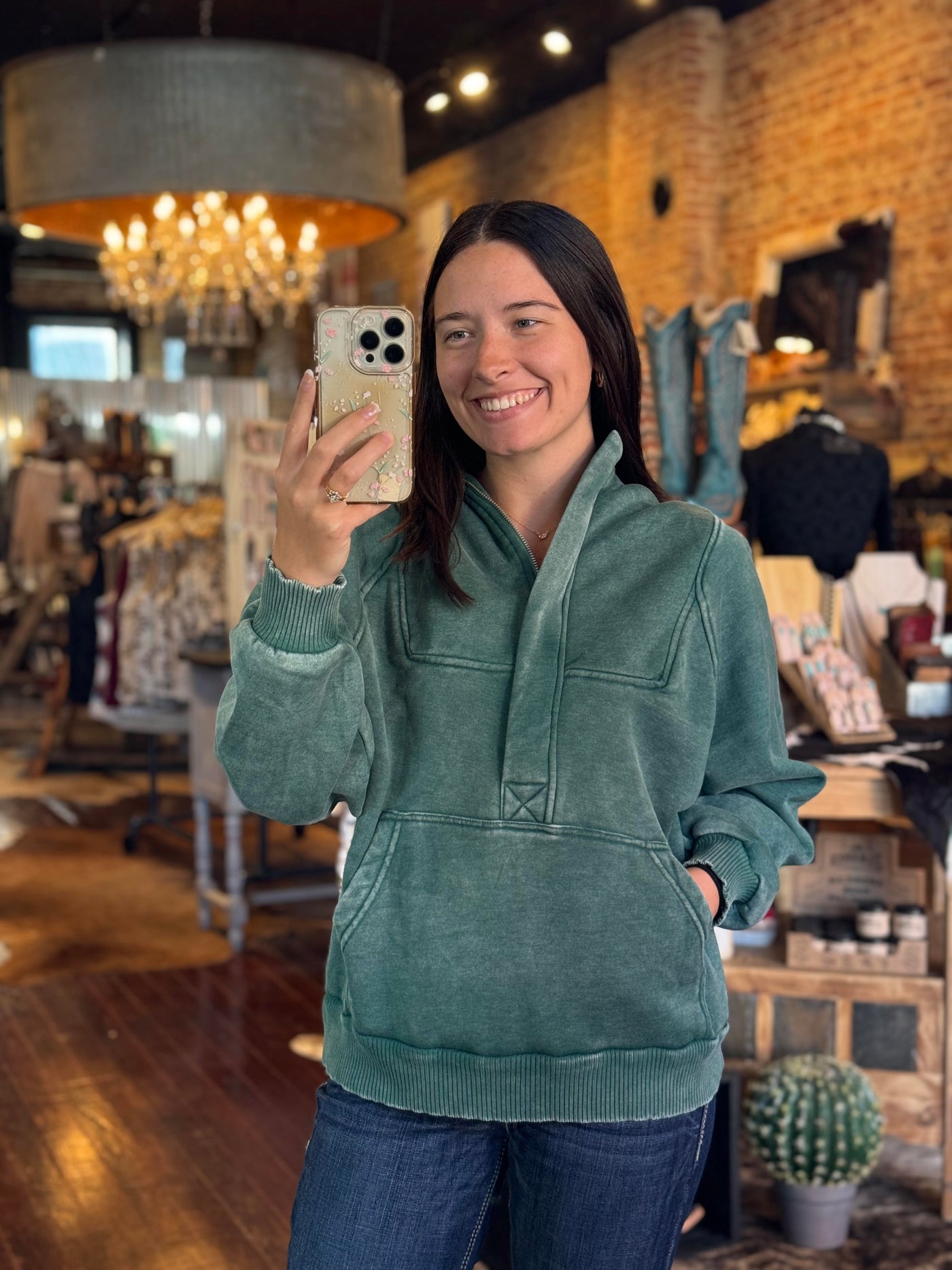 Broker Leather Employee Modeling our Puddles Mineral Wash Sweatshirt [Green].