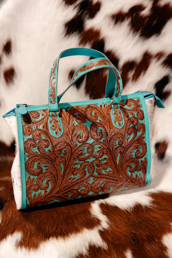 Raquelle Tooled Leather & Cowhide Handbag