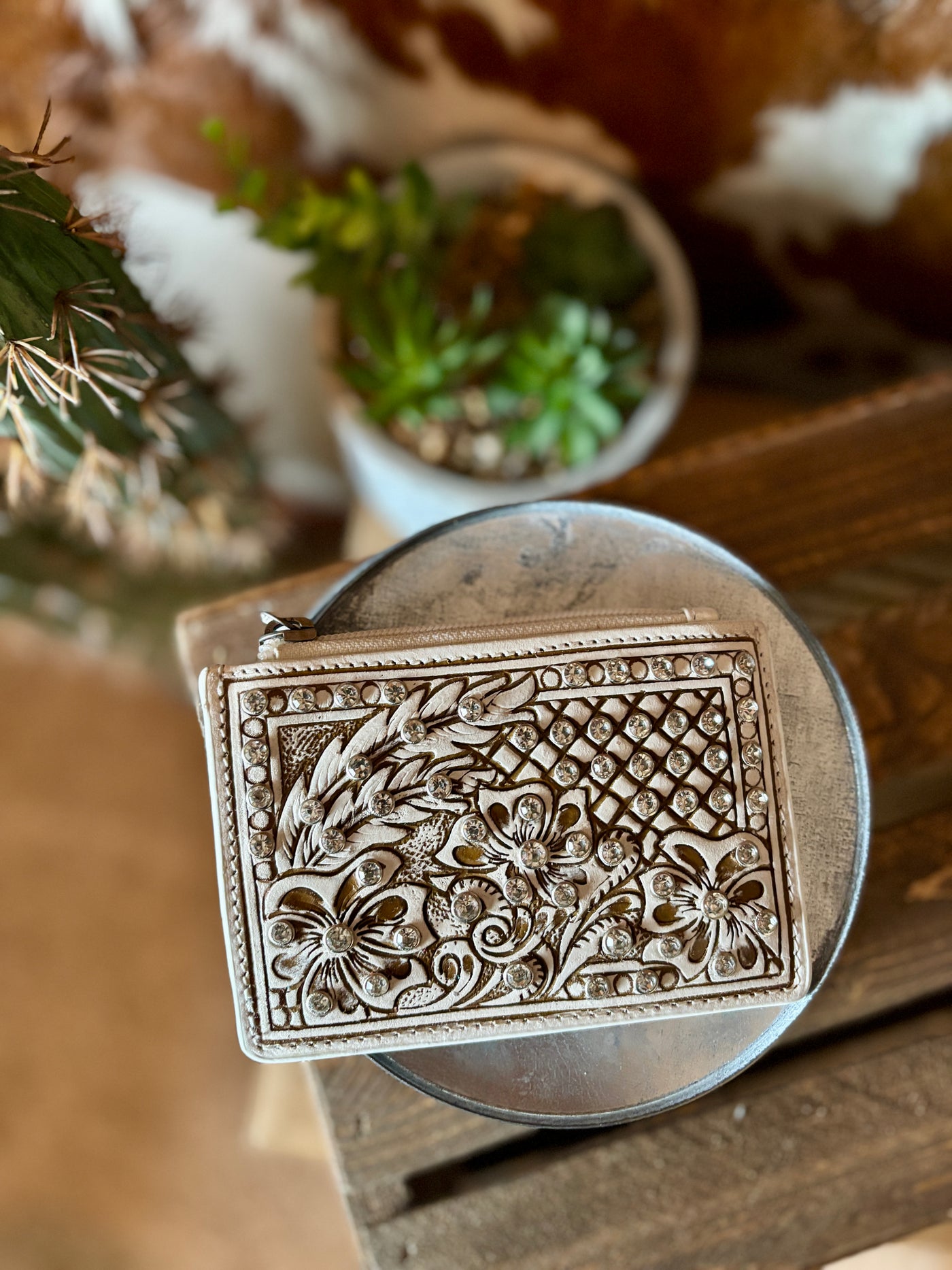Renlee Tooled Leather & Rhinestone Cardholder