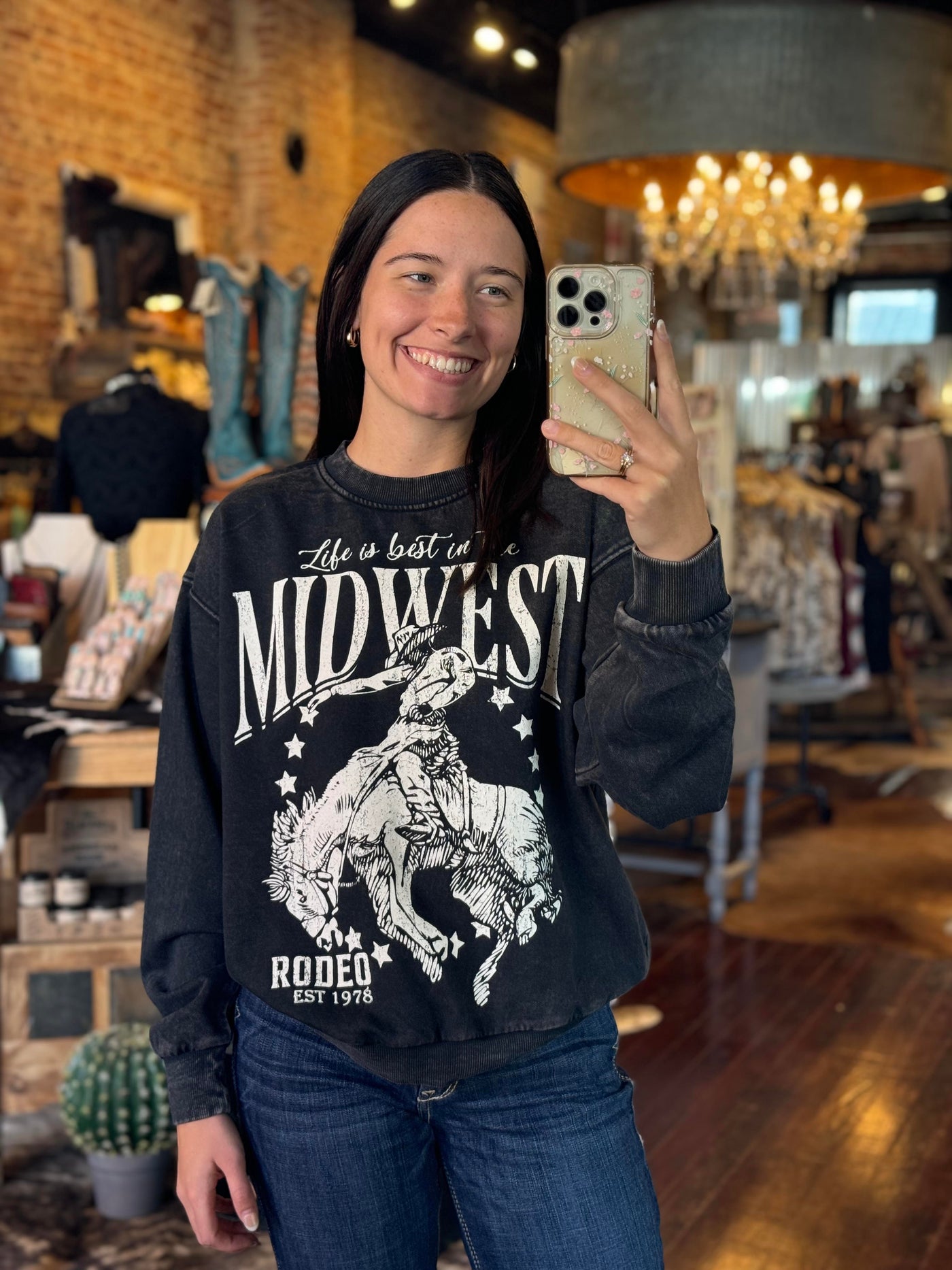 Broker Leather employee selfie modeling our Ria Midwest Rodeo Crewneck [Black & White].