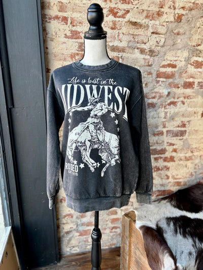 Front side view of our Ria Midwest Rodeo Crewneck [Black & White] on a mannequin.