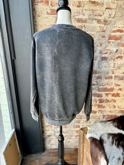 Back side view of our Ria Midwest Rodeo Crewneck [Black & White] on a mannequin.