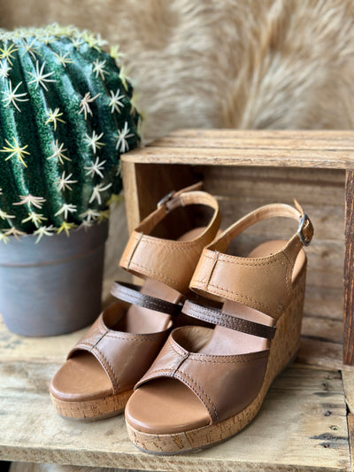 Roan by Bed|Stu Decorum Wedge Sandal with mixed leather straps and cork platform, front view