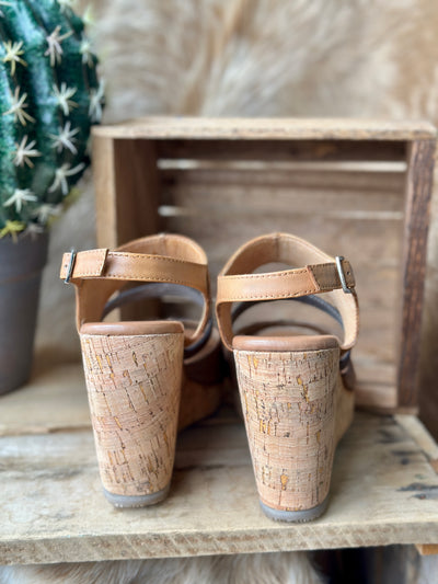 Back view of Roan Decorum Wedge Sandals highlighting cork heel and ankle strap support