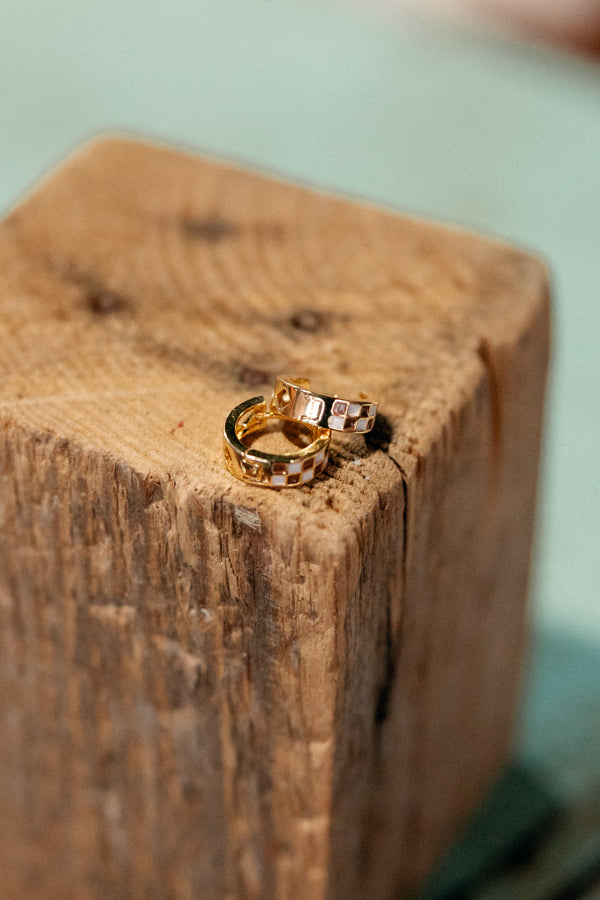 Rocker Brown & White Checkered Hoop Earring