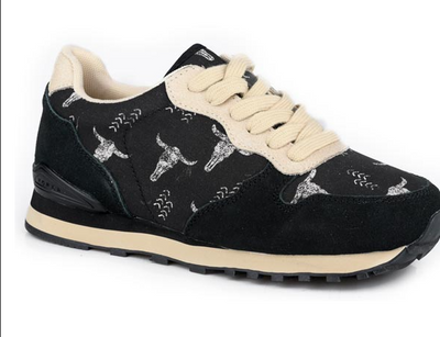 Black longhorn print sneakers with lace-up closure for the western cowgirl.