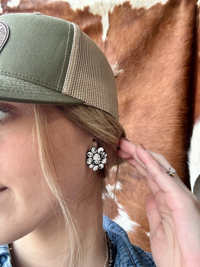 Salty White Buffalo Clay Cluster Earrings shown worn for a weekend-ready statement accessory look.