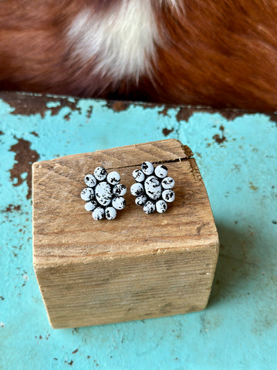 Salty White Buffalo Clay Cluster Earrings photographed with a wooden rustic backdrop for a bold, natural vibe.