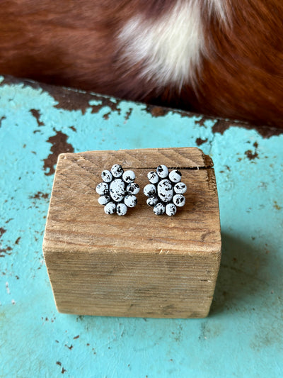 Close-up of Salty White Buffalo Clay Cluster Earrings showcasing their handcrafted white and gray marbled clay design.