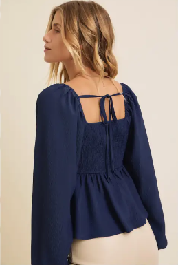 Fearless Crinkled Babydoll Blouse [Navy]