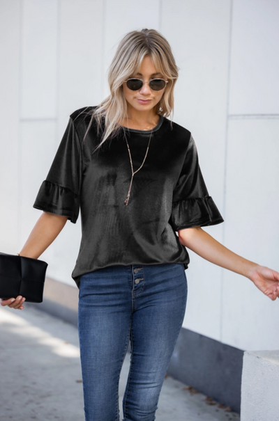 Mahomes Black Ruffle Sleeve Velvet Top