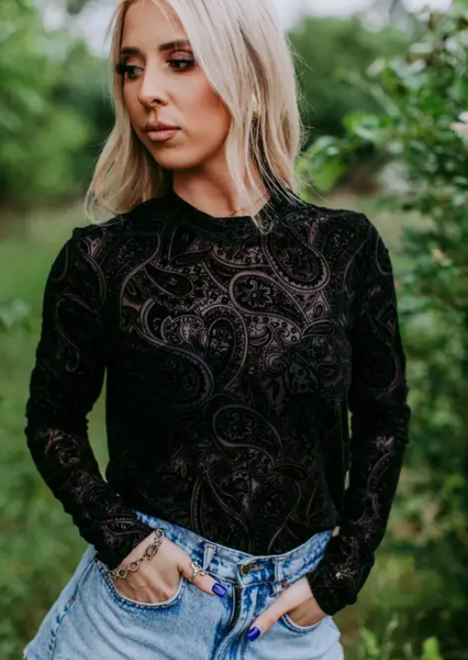 Rome Black Velvet Mesh Top