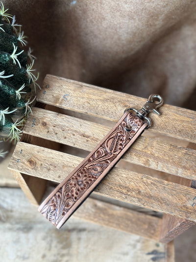 Shania Tooled Leather Keychain Strap with hand-tooled Western design and wristlet loop