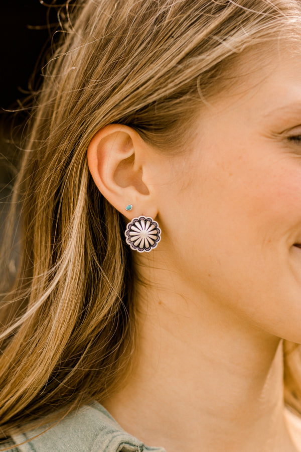 Shiloh Round Concho Stud Earrings featuring a classic Western-inspired round concho design.