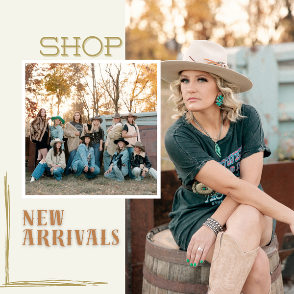 Collage of Broker Leather's New Arrivals including: women's Western wear, denim, graphic tees, vests, sweaters, turquoise jewelry, Navajo Pearls, leather accessories, and boots.