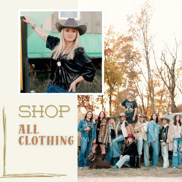 Collage of women's Western wear, including dresses, denim, chic boho tops, pearl snaps, and graphic tees.