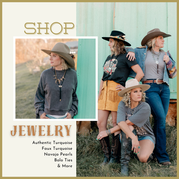 Collage of Western models showcasing jewelry, including squash blossom necklaces, turquoise chandelier-style earrings, and Navajo Pearls.