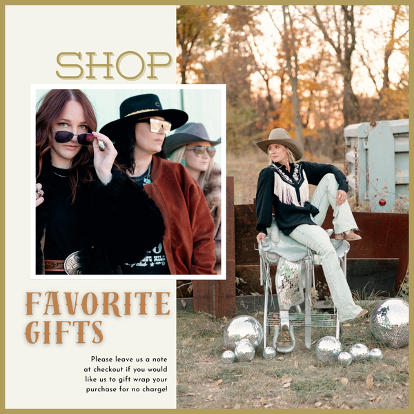 Collage of Western- women modeling American Bonfire Sunglasses, & stating that we offer free gift wrapping at checkout.