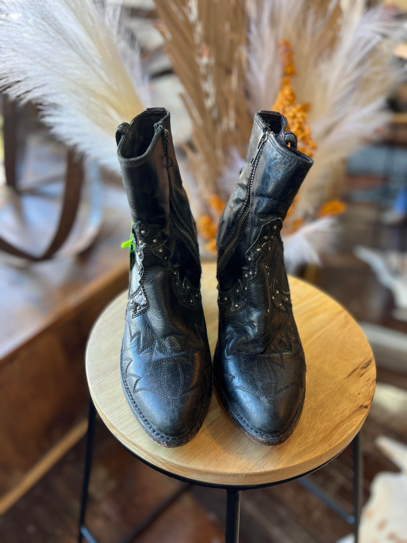 Size 8.5 Liberty Black Booties with distressed leather finish available now at Broker Leather.