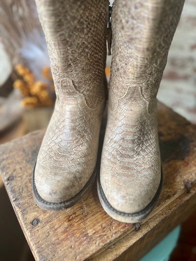 Close-up of the Size 8.5 Miss Macie Eden Boot's round toe in snake print, showing their stylish design.