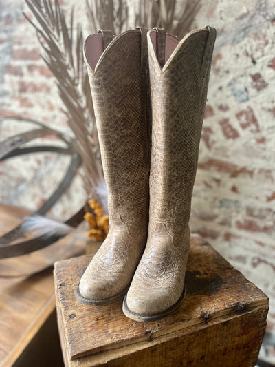 Close-up of the Size 8.5 Miss Macie Eden Boots in snake print, showing their stylish design.