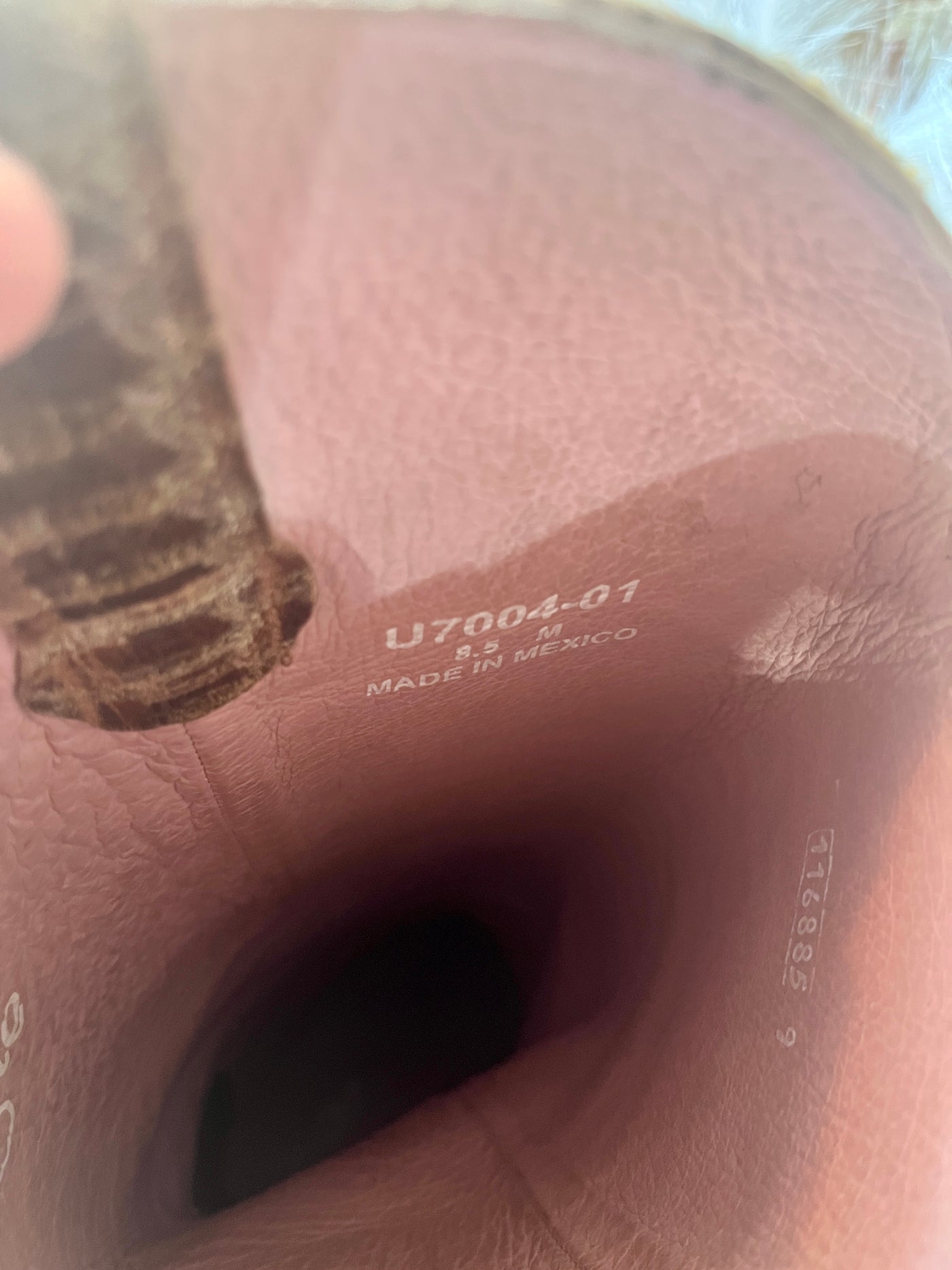 Inside view of the Miss Macie Eden Boots highlighting it's fully leather lining in a soft pink, style number, and size.