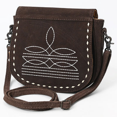 Skippy Suede Leather Crossbody Bag in Brown – Western-Inspired Boot Stitch Design.