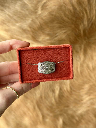 Close-up of silver belt buckle pendant – rustic yet refined cowgirl accessory