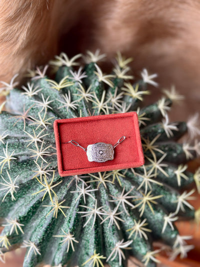 Silver mini belt buckle necklace with paperclip chain – Western cowgirl jewelry