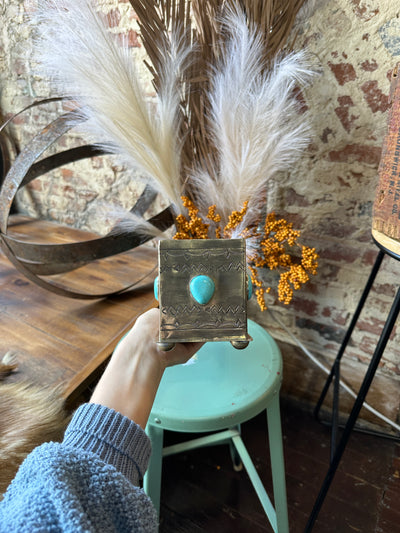 Close-up of Sterling Silver & Turquoise Nugget Planter showcasing unique stone details at Broker Leather.